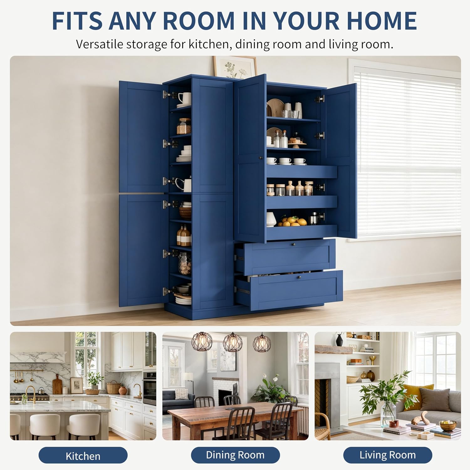 71" Tall Kitchen Pantry Storage Cabinet with 3 Pull Out Trays & 2 Large Drawers, Farmhouse Storage Cabinet Cupboard with 6 Doors and Side Cabinets, Pantry Cabinet for Kitchen, Dining Room, Blue