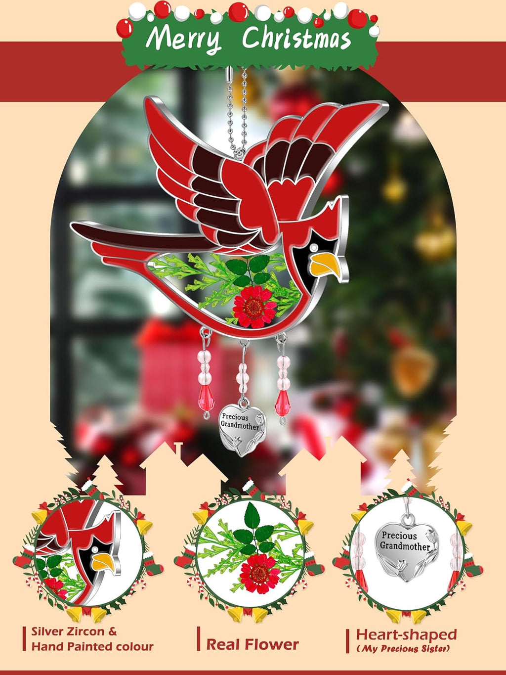 KY&BOSAM Cardinal Suncatcher Grandma Gifts Glass Suncatchers for Windows Hanings Wind Chime,Pressed Real Flower and Heart Precious Grandmother Charm Birthday Gift for Women Mother`s Day Christmas