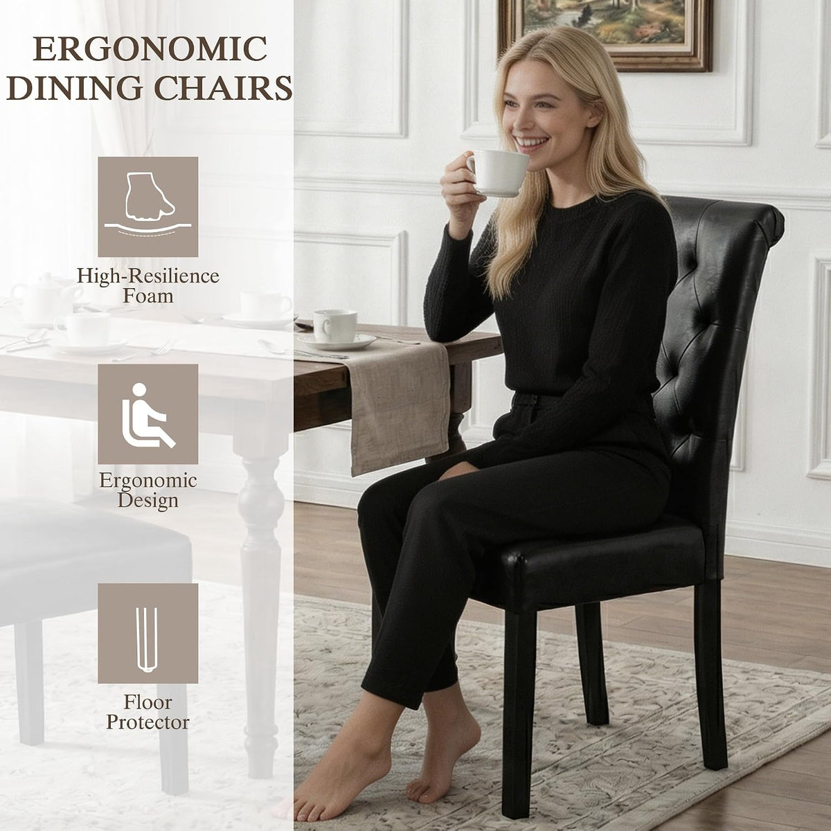 LSSBOUGHT Upholstered Dining Chairs Set of 4,Tufted Parsons Kitchen Chair with Solid Wood Legs, Modern PU Leather Side Chair for Dining Room/Restaurant(4pcs,Black)