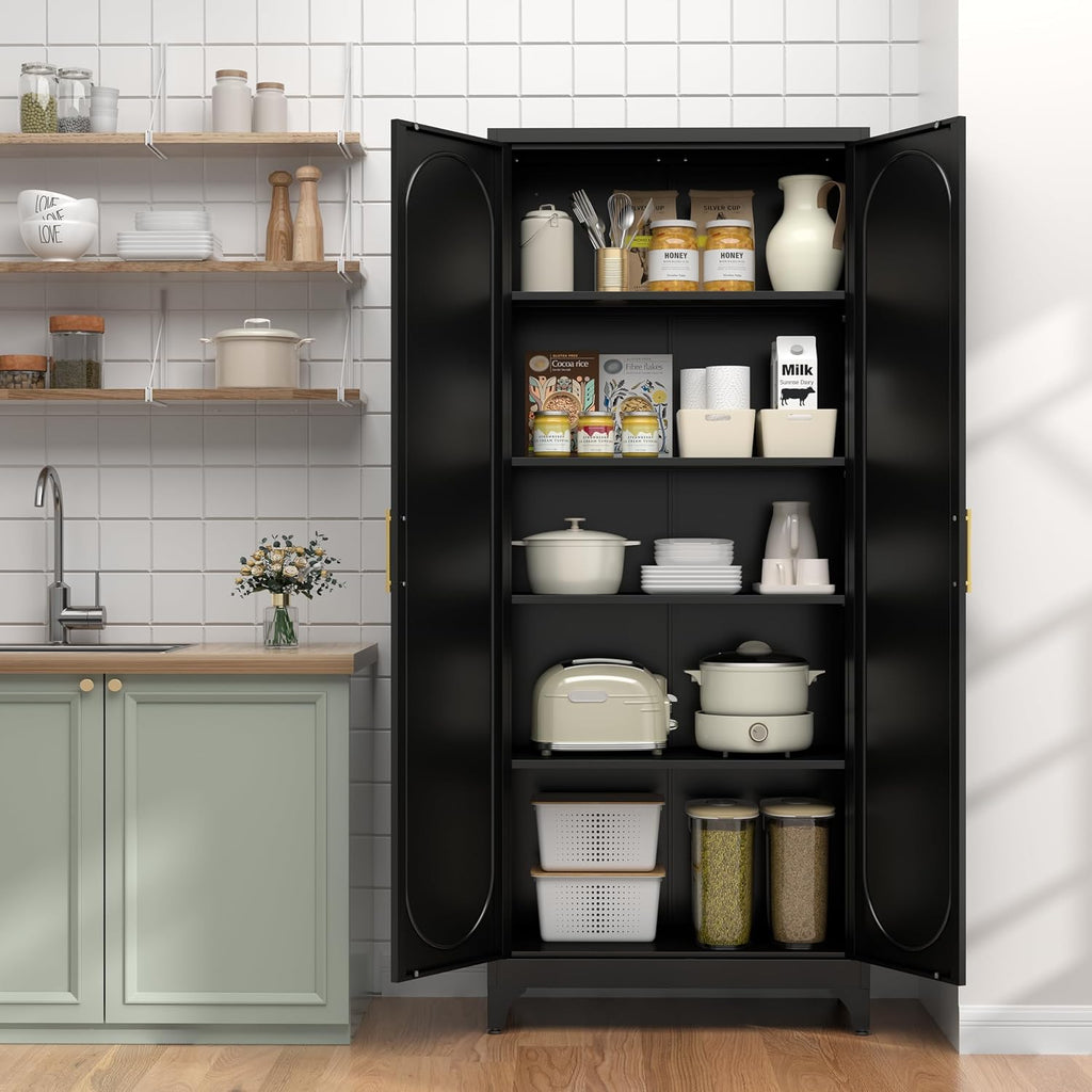 UNICOLY 75" Tall Pantry Storage Cabinet with Doors and 4 Adjustable Shelves, Freestanding Cupboard for Kitchen, Dining Room, Living Room, Bathroom, Black