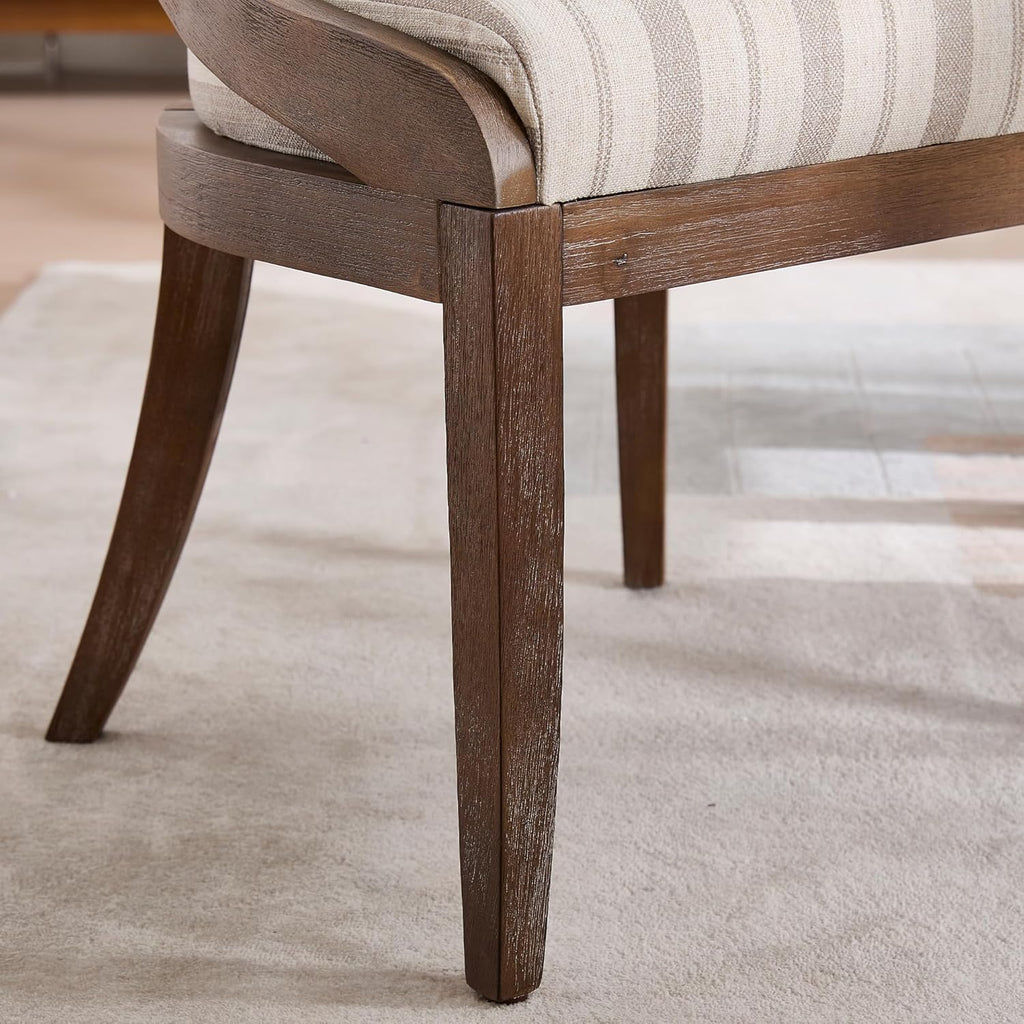 LZAREAL Modern Farmhouse Dining Chairs Set of 4 Mid Century Upholstered Dining Chair with Wooden Curved Back Kitchen Chairs for Dining Room Restaurant Cafe, Brown Walnut Colored-Linen Khaki Stripe