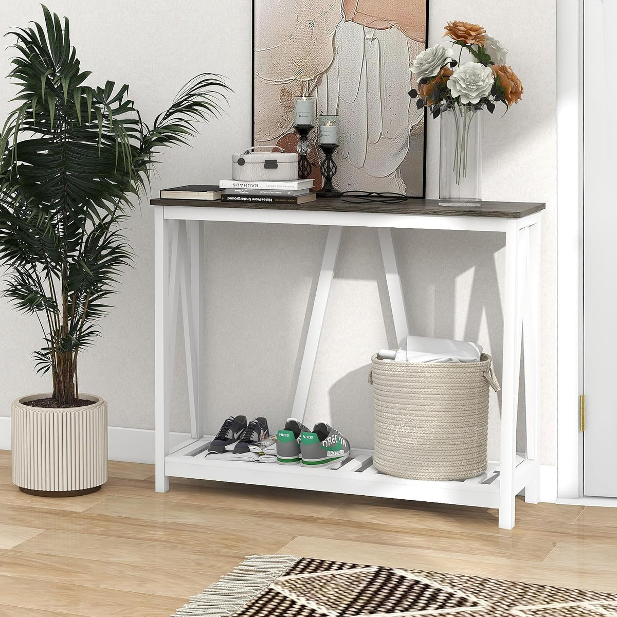 Entryway Table, 39" Farmhouse Console Table with Shelf Narrow Foyer Table | | 2-Tier Open Shelf,V-Shape Anti-Tip Legs,Slim Narrow Design,30-Min Easy Assembly,Sofa Table Use,Two-Tone Finish,Dark Oak