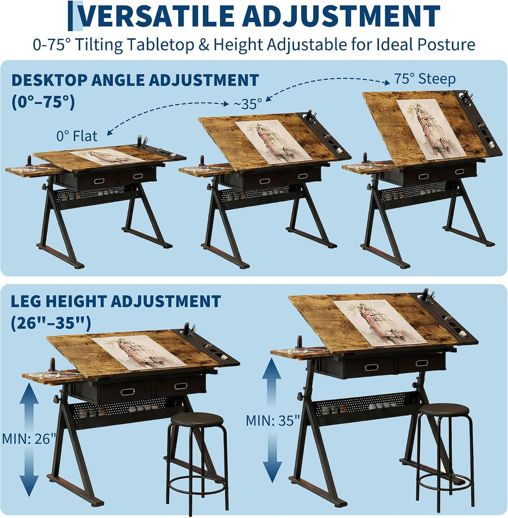 Garvee Height Adjustable Drafting Table, 0-75°Tilting Drawing Desk | Artist Table w/Stool, Multifunctional Art Craft Workstation with 2 Storage Drawers for Home Office Reading Writing Crafting