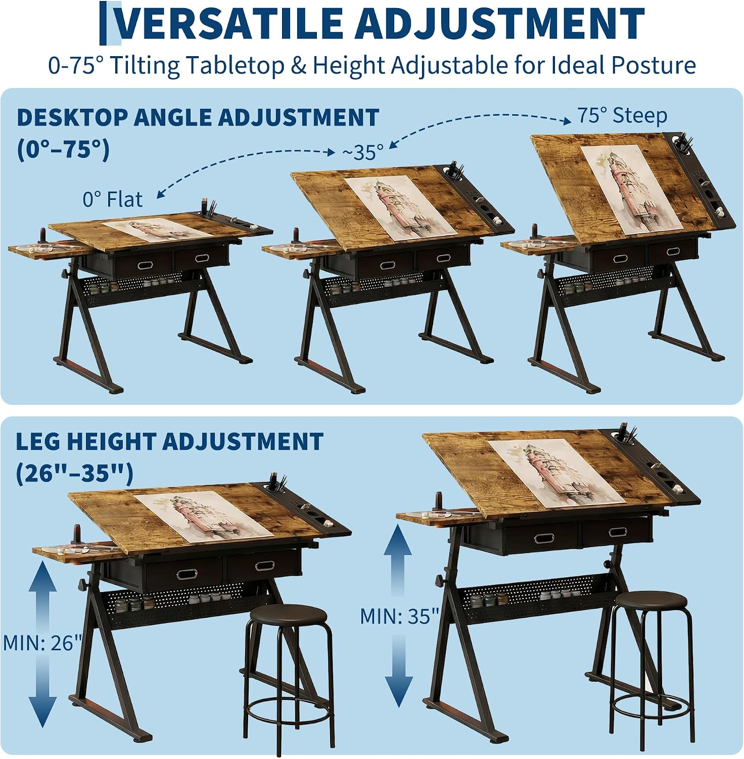 Garvee Height Adjustable Drafting Table, 0-75°Tilting Drawing Desk | Artist Table w/Stool, Multifunctional Art Craft Workstation with 2 Storage Drawers for Home Office Reading Writing Crafting