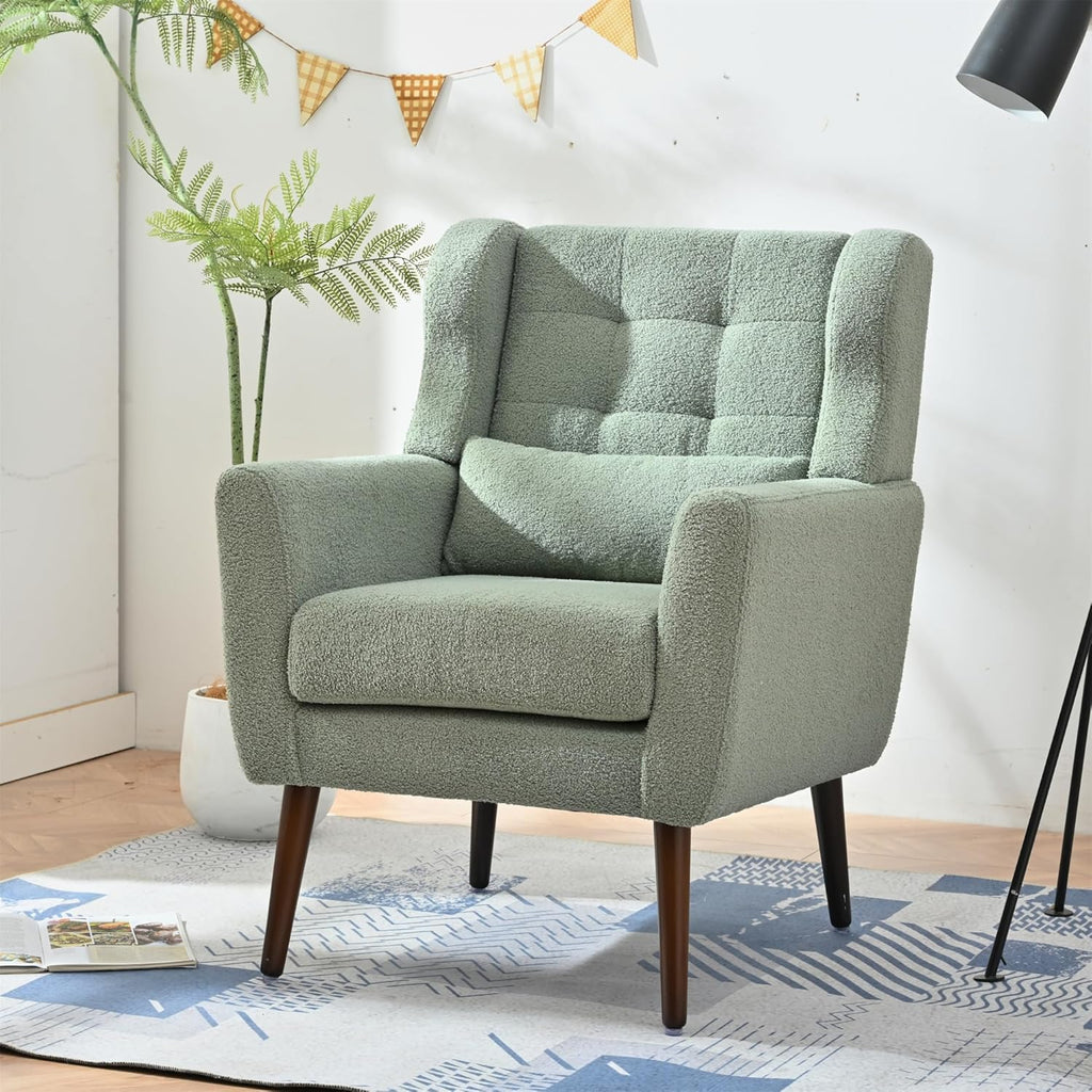 Accent Chair, Comfy Upholstered Living Room Chairs with High Tufted Backrest and Pillow, Wingback Reading Chair with Solid Wood Legs for Bedroom/Office,Teddy Fabric, Light Green