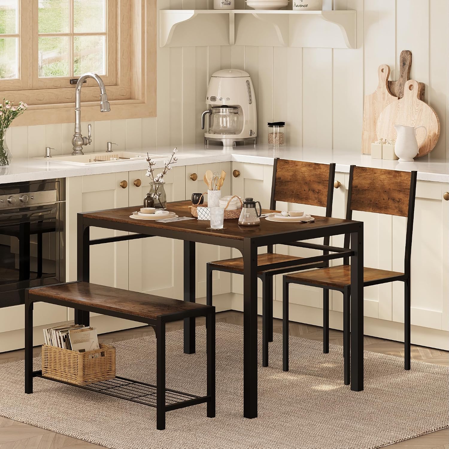 Shahoo Kitchen Table and 2 Chairs for 4 with Bench, 4 Piece Dining Sets for Small Space,Deep Brown