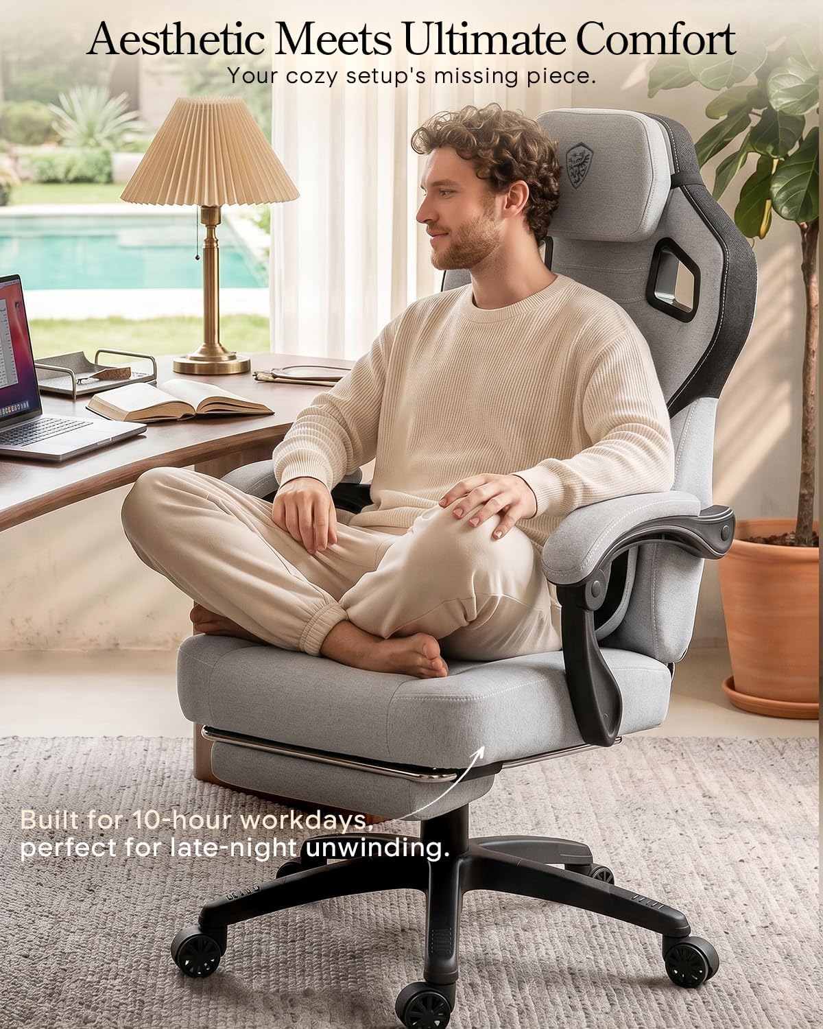 Dowinx Big and Tall Gaming Chair with Footrest, Gray | Breathable woven fabric with lumbar support and extra-wide seat back; big-and-tall frame fits larger, heavier users.