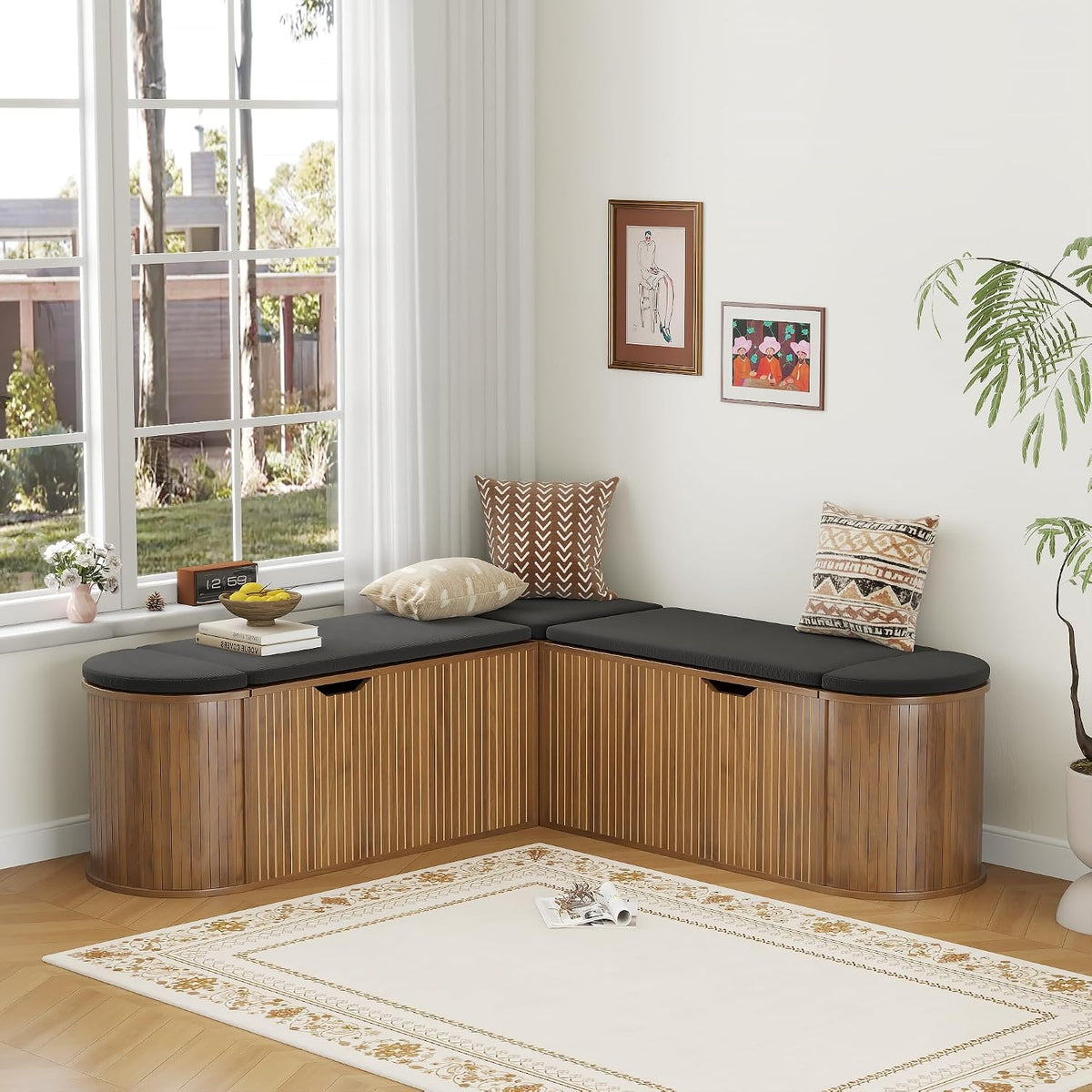 L Shaped Storage Bench with Cushion, Mid Century Modern Corner Dining Bench, Wood Window Breakfast Nook Bench for Dining Room, Entryway, Living Room, Cloakroom, Walnut