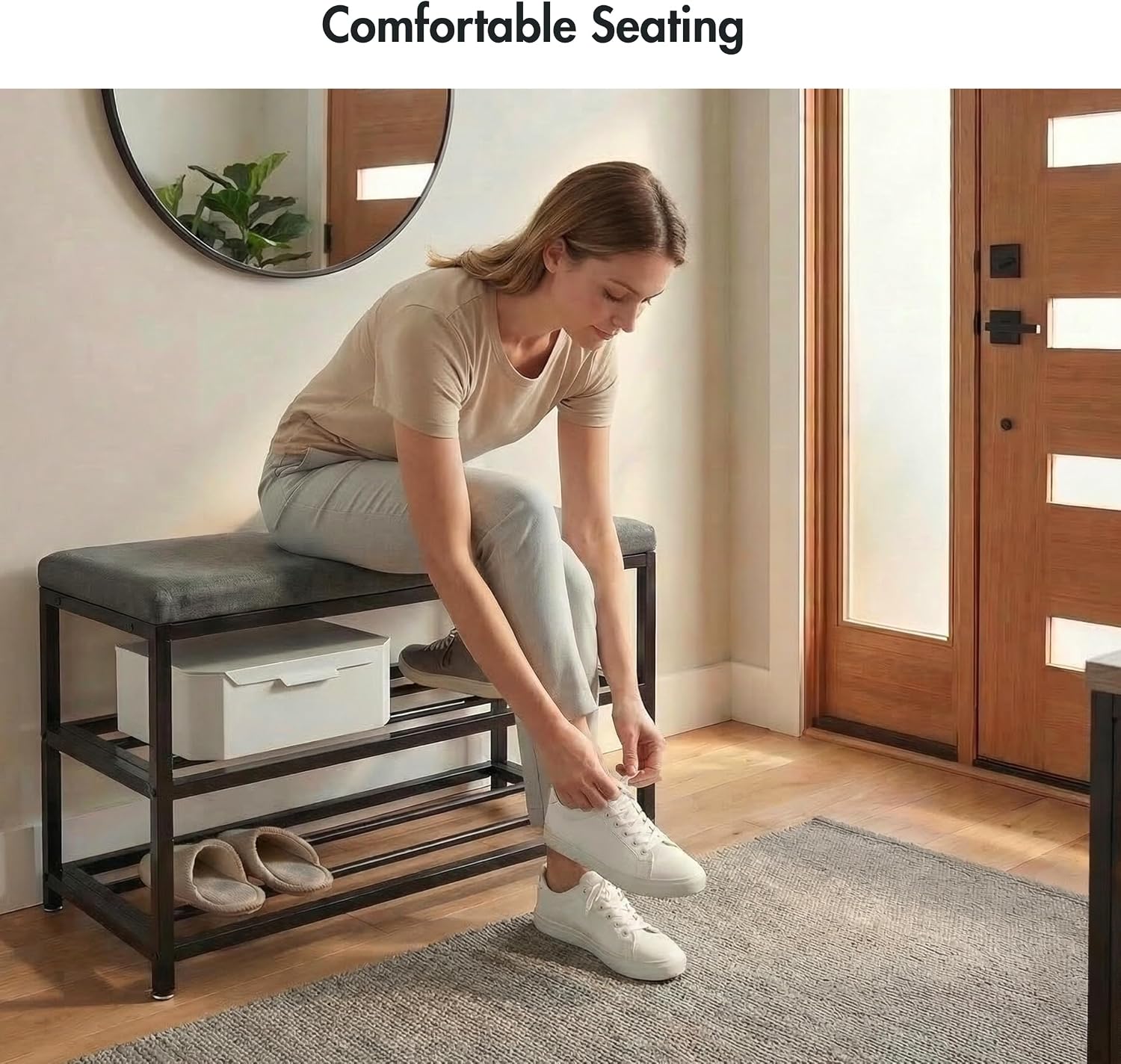 Luxe L 100% Faux Fur Shoe Storage Bench for Entryway, Compact Bench with Multi-Tier Shoe Rack, Space-Saving Small Entryway Bench with Storage Shelf, Ideal for Living Room, Hallway - Charcoal