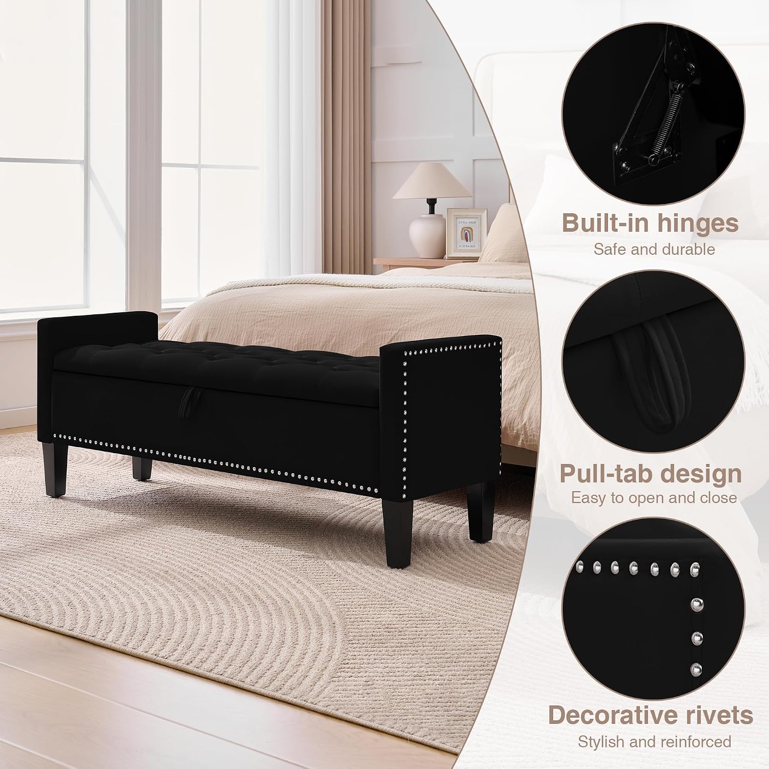 Storage Ottoman Bench, Velvet Upholstered Footstool for Bedroom and Living Room, Tufted Seat with Storage, Wooden Legs & Metal Rivets, Black