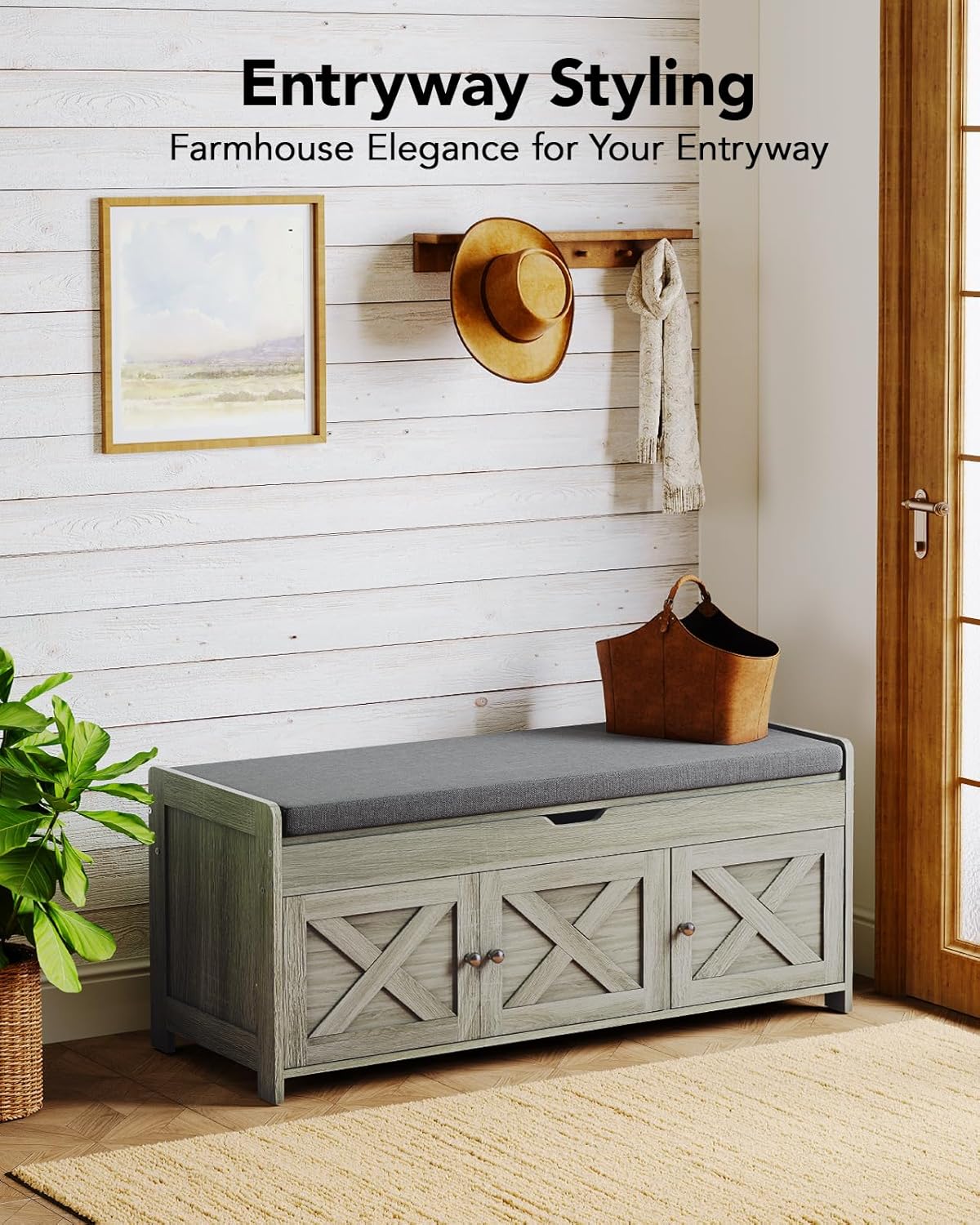 Pipishell Shoe Storage Bench, 2-Tier Shoe Bench with Cushioned Seat, Entryway Bench with Adjustable Shelf & Barn Doors, 300 lbs Capacity, 39.4" x 15" x 18", for Entryway, Bedroom, Living Room, Gray