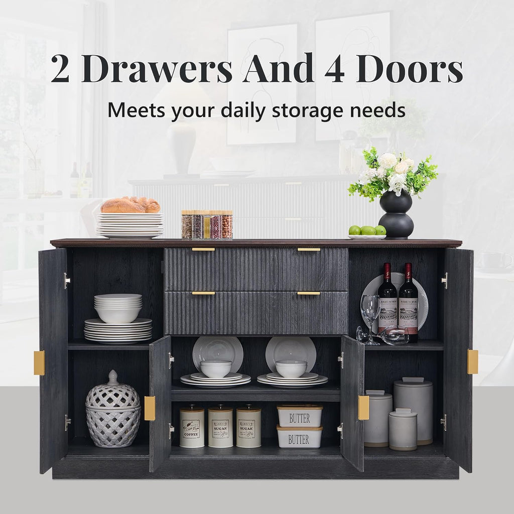 IFGET Fluted Buffet Cabinet with Storage, Sideboard Cabinet with Adjustable Shelves, Wood Rustic Coffee Bar with 2 Drawer and 4 Doors, Wine Bar for Kitchen, and Living Room, Dark Gery