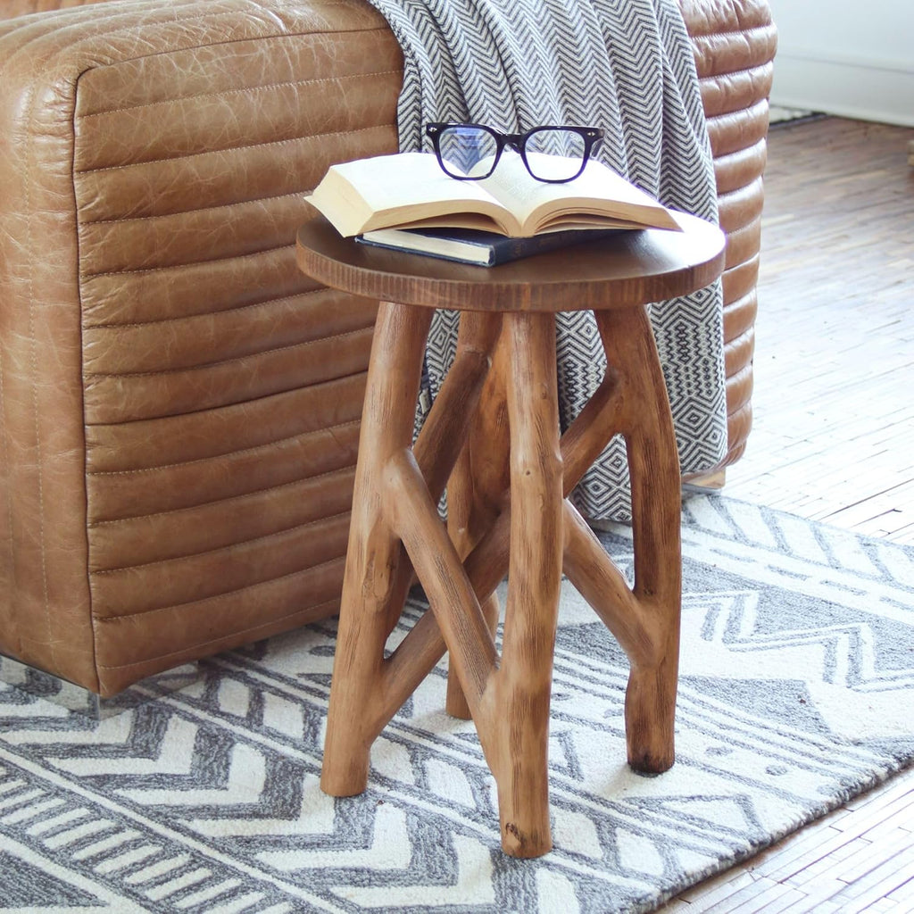 East at Main Solid Wood Round Side Table, End Table & Plant Stand – Rustic Handcrafted Accent Table with Unique Stick-Leg Design – Brown Wood Finish for Living Room, Bedroom, or Entryway