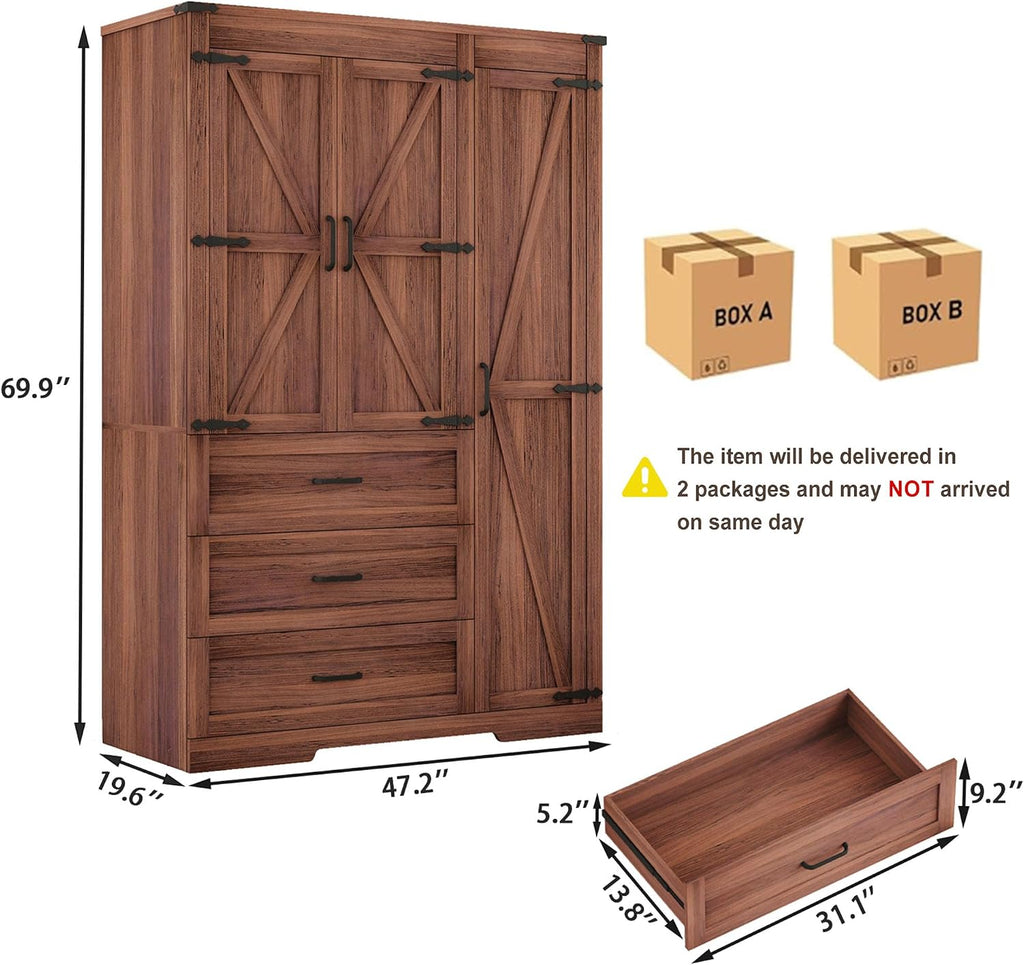 70" Tall Wardrobe Closet with 3 Doors & 3 Drawers, Farmhouse Armoire with Hanging Rod, Wooden Armoire Wardrobe Closet for Bedroom, Freestanding Clothing Storage Cabinet, Brown