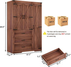 70" Tall Wardrobe Closet with 3 Doors & 3 Drawers, Farmhouse Armoire with Hanging Rod, Wooden Armoire Wardrobe Closet for Bedroom, Freestanding Clothing Storage Cabinet, Brown