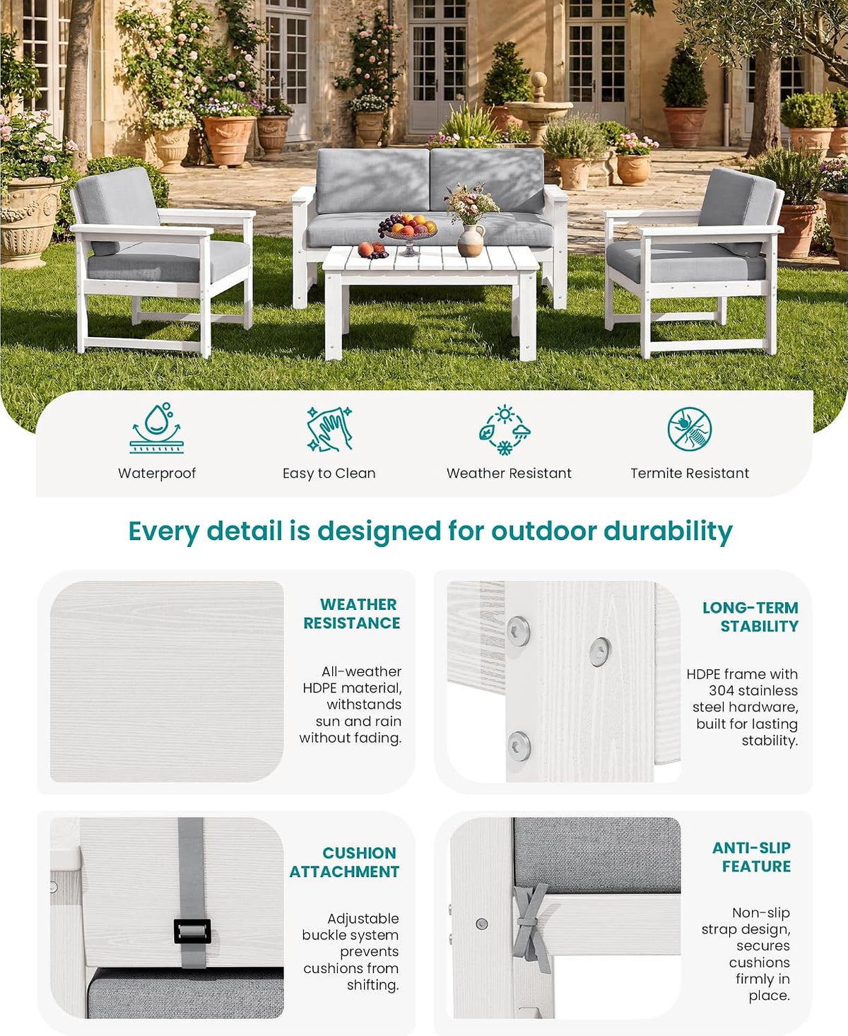 SERWALL HDPE Outdoor Loveseat with Cushions, All Weather Use Outdoor Loveseat Sofa, White Frame/Grey Cushion