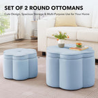 Set of 2 Round Ottomans, Velvet Upholstered Storage Ottoman with Flower Shape, Modern Vanity Stool with Storage, Ottoman Coffee Table for Bedroom, Living Room (Seaglass)