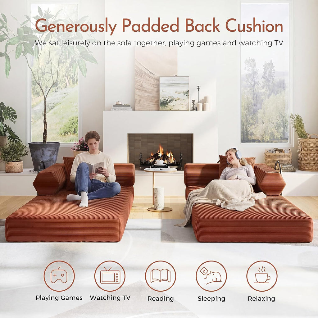 79" Convertible Futon Sofa Bed, Couch for Living Room | Orange | Modular Sleeper Sofa, Corduroy Pull Out Floor Couch Loveseat with Fixed-Shape Frame, No Assembly