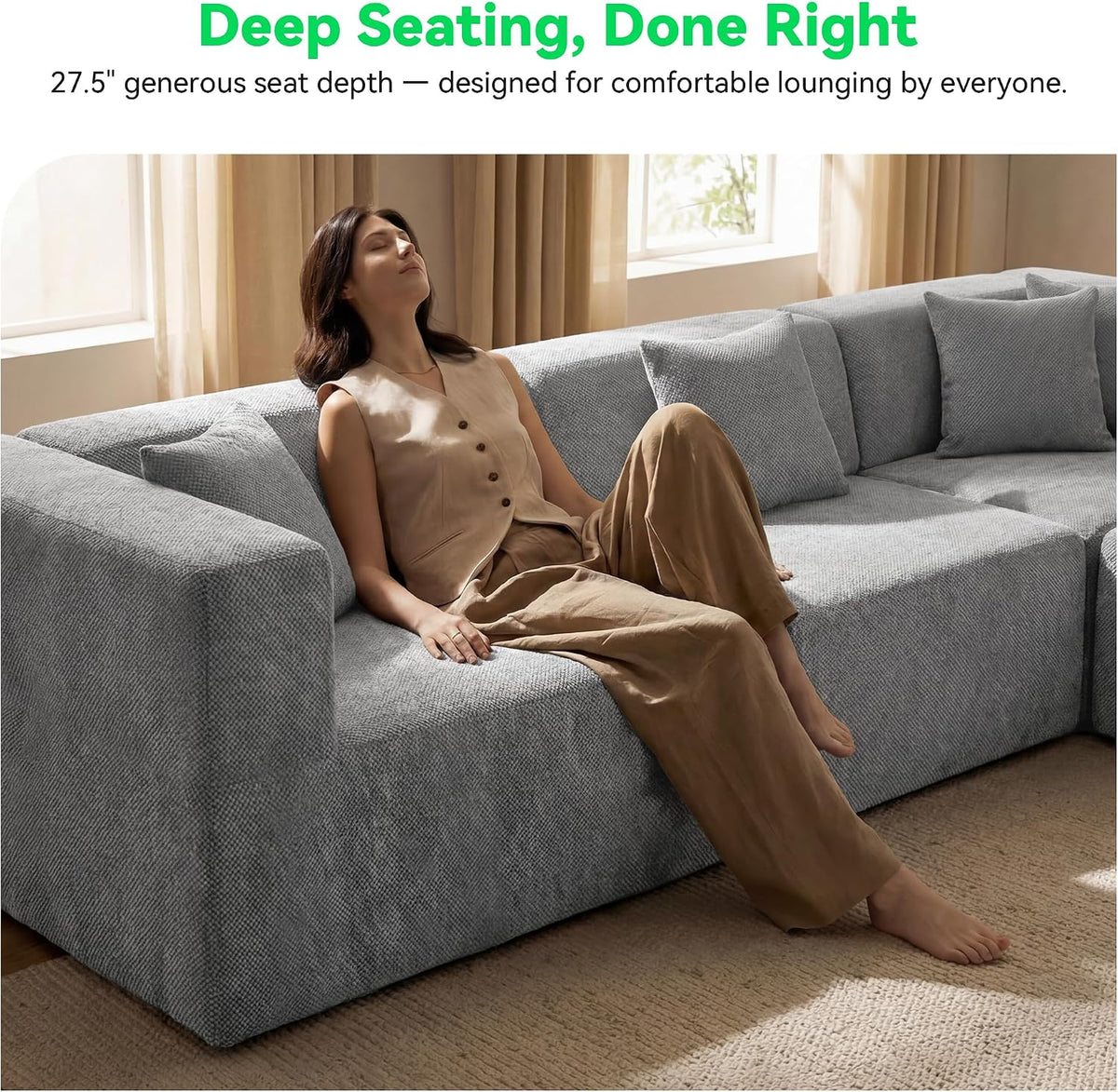 MONVANE Oversized Sectional Couch 10-Seat, Chenille, Light Gray | Sectional Couch for Living Room, Modular Cloud Sofa with Ottoman & 10 Throw Pillows, No Assembly Required