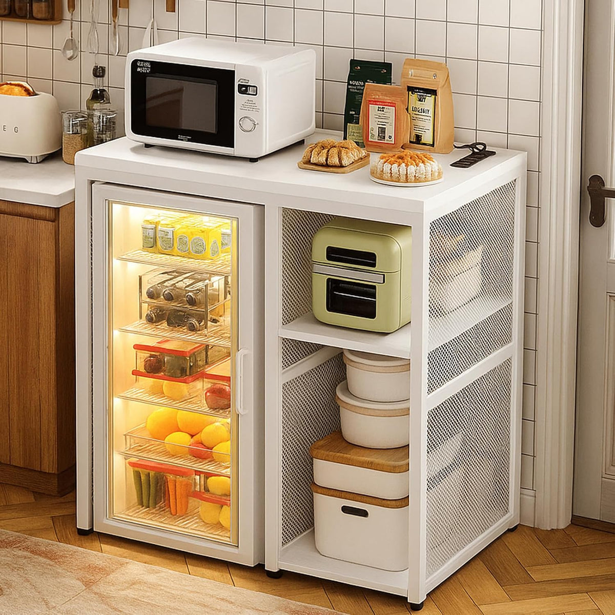 Homieasy Mini Fridge Cabinet with Power Outlet, Coffee Bar Cabinet, White | Mini Fridge Space, Industrial Liquor Cabinet with Wine Storage & Glass Holder for Dorm, Living Room, Home Kitchen