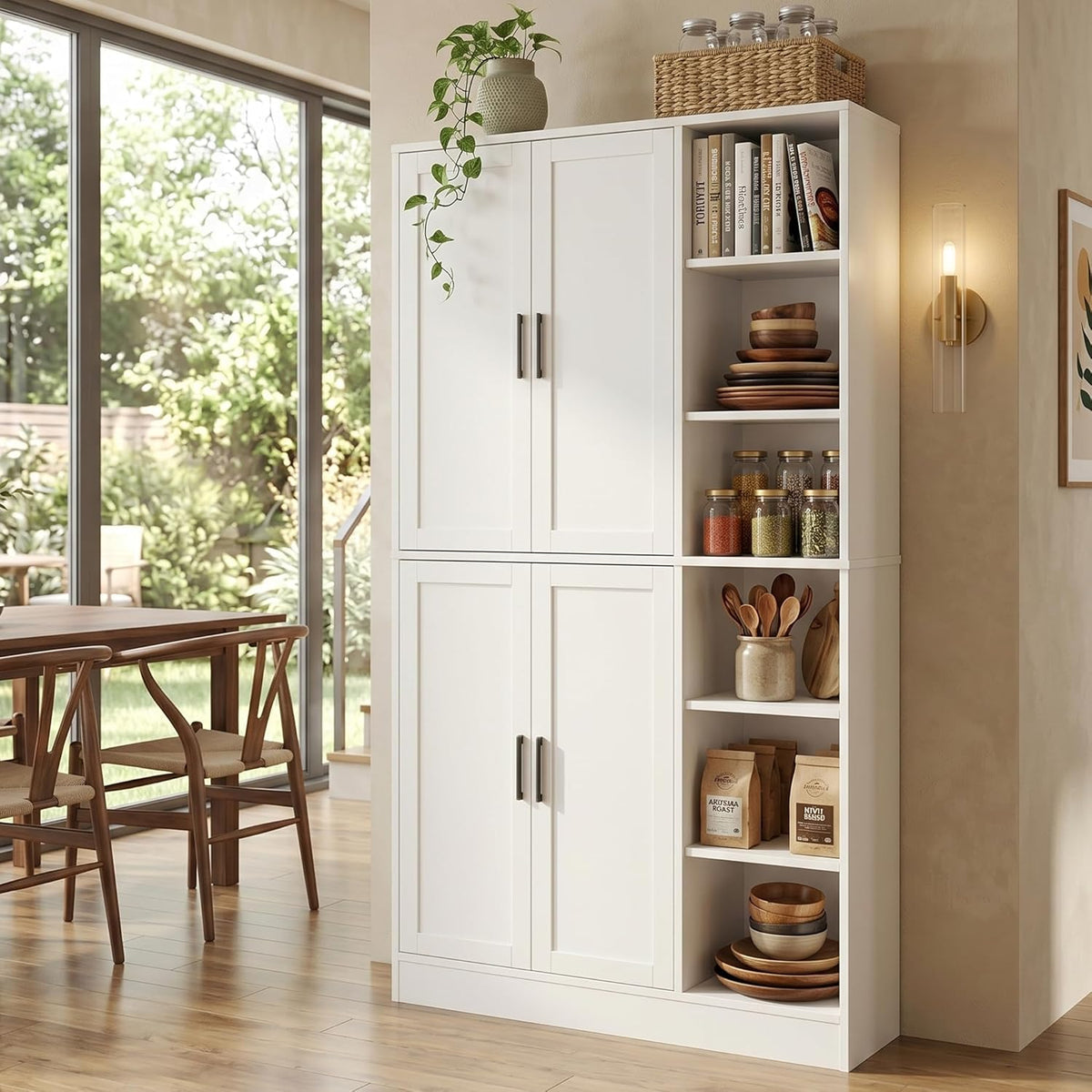holzart 63" Tall Kitchen Pantry Cabinet, Freestanding Dining Room Storage Hutch with 4 Doors and Adjustable Shelves, Modern Utility Cupboard for Coffee Bar and Microwave, White