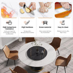 Montary 59” Modern Round Dining Table for 8, Artificial Marble Kitchen Table with Carrara White Sintered Stone Tabletop & Black Gold Lazy Susan, Black Slim Waist Carbon Steel Base