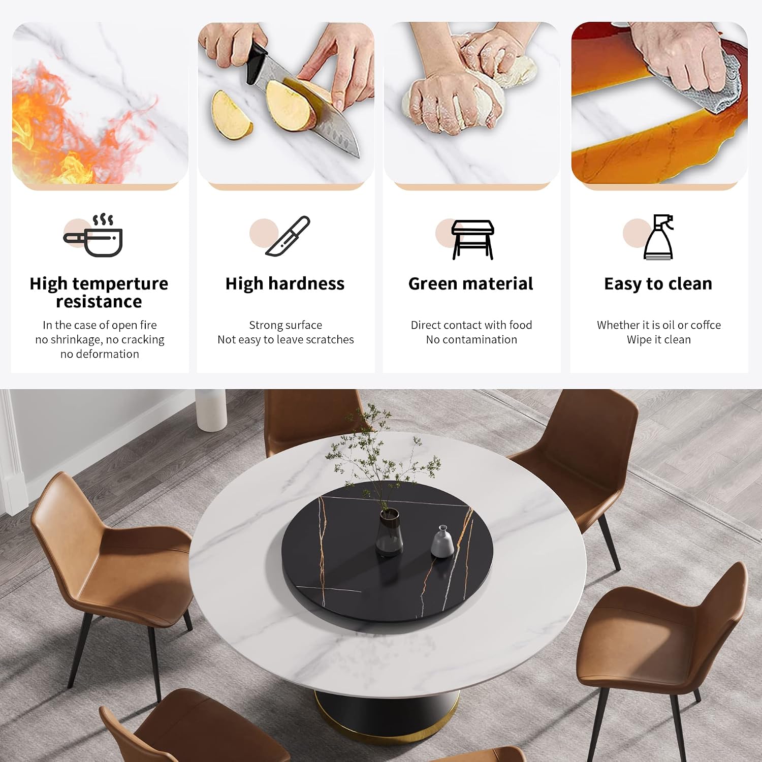 Montary 59” Modern Round Dining Table for 8, Artificial Marble Kitchen Table with Carrara White Sintered Stone Tabletop & Black Gold Lazy Susan, Black Slim Waist Carbon Steel Base