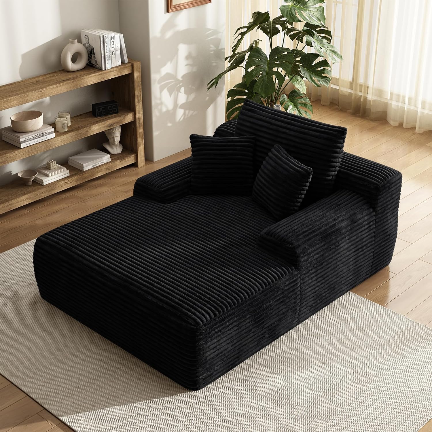 65'' Chaise Lounge Chair Indoor, Black Corduroy Sofa Bed, Lounge Chair, Oversized Sleeper Sofa, Black Corduroy Cloud Couch Reading Chair for Living Room No Assembly