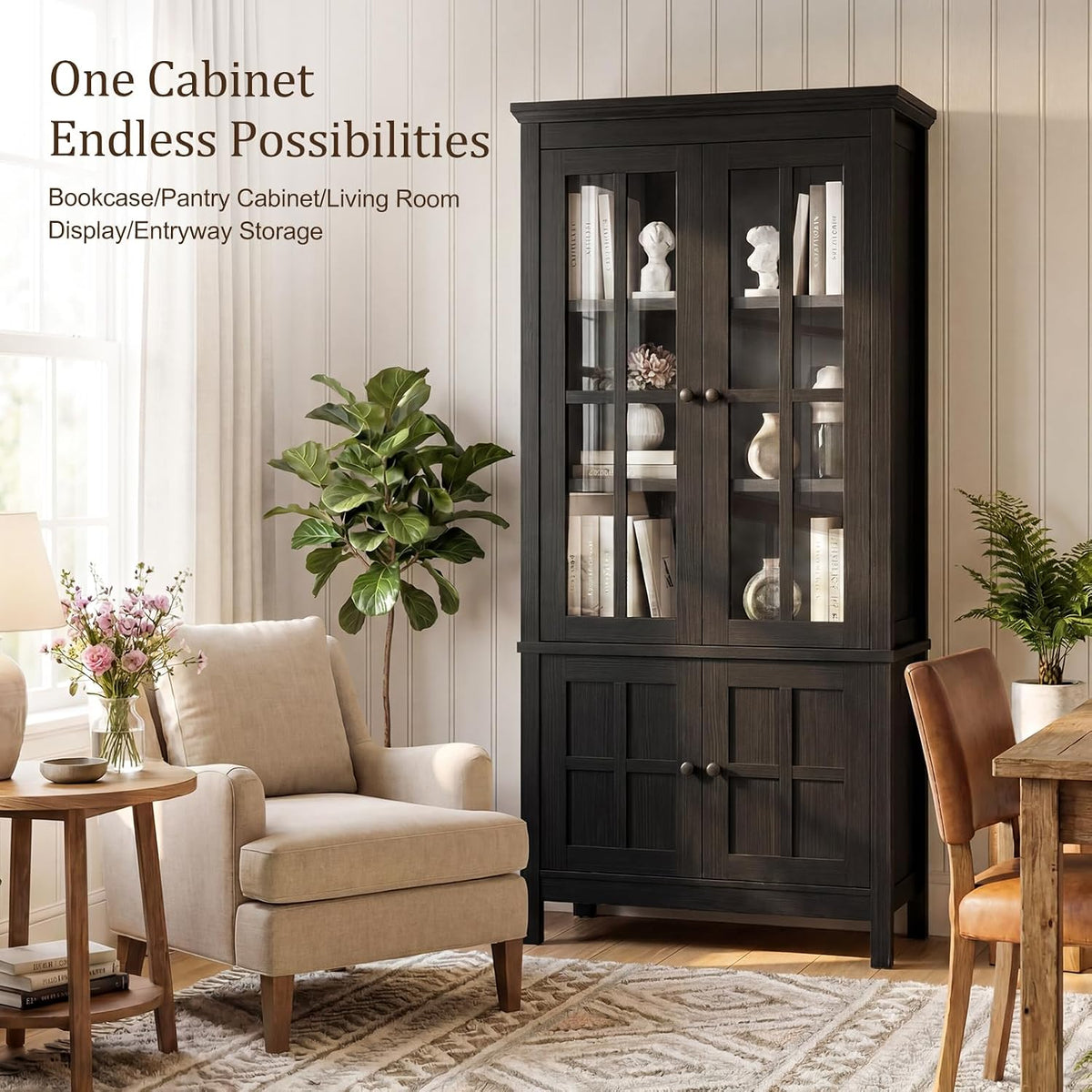 Farmhouse 63" Kitchen Pantry Storage Cabinet with Glass Doors & Hidden Storage, Display Kitchen Hutch Cupboard with Adjustable Shelves for Dining Room, Living Room Home Office