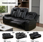 Power Recliner Sofa Set, Breathing Leather Reclining Couch Set, 3 Piece Living Room Furniture Set with LED Lights/Charging Ports/Storage for Home/Office (Black, Sofa+Loveseat+Chair)