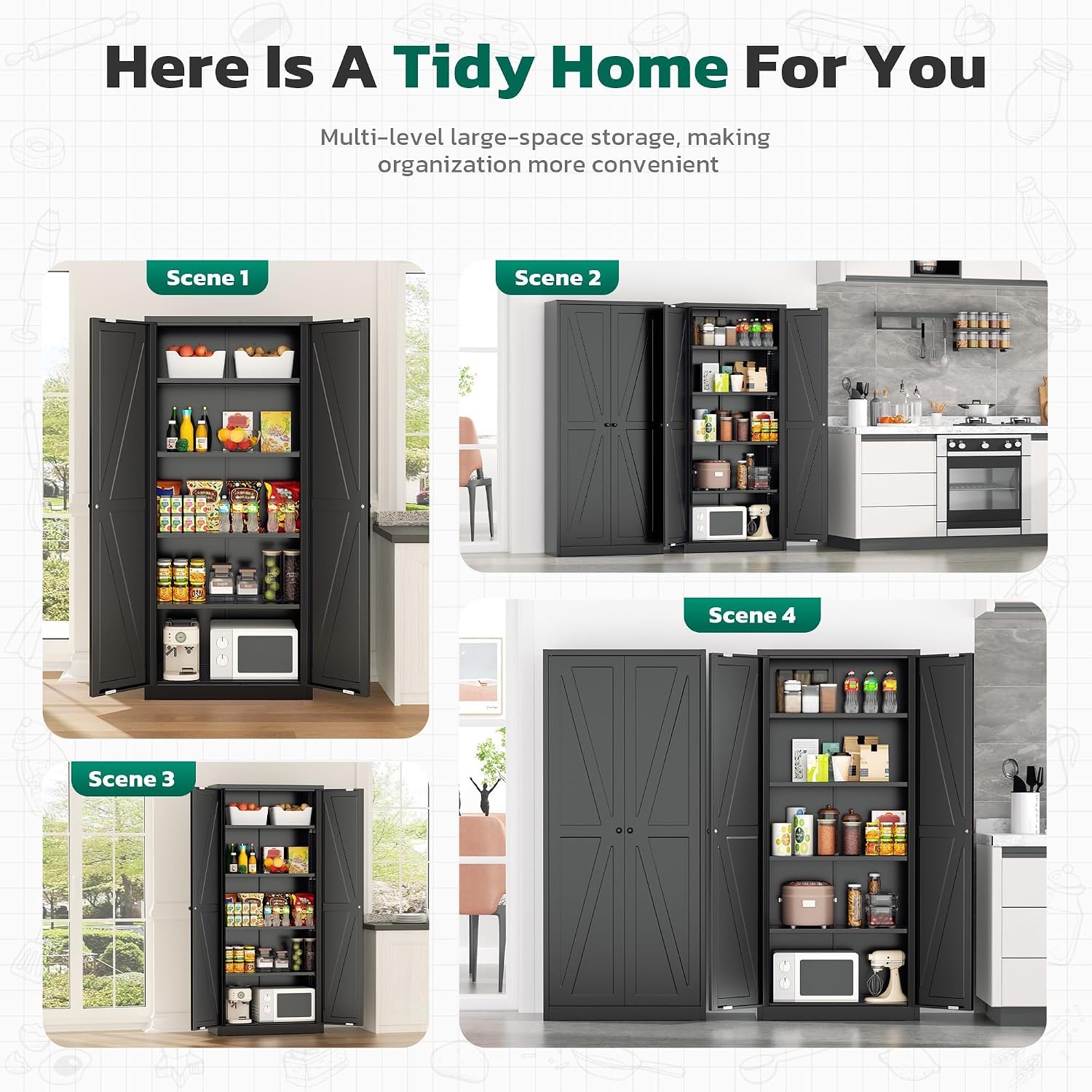 Greenvelly 63" H Black Farmhouse Metal Pantry Cabinet, Kitchen Pantry Storage Cabinets with 2 Doors and Adjustable Shelves, Kitchen Pantry Cabinets for Home, Garage and Bedroom