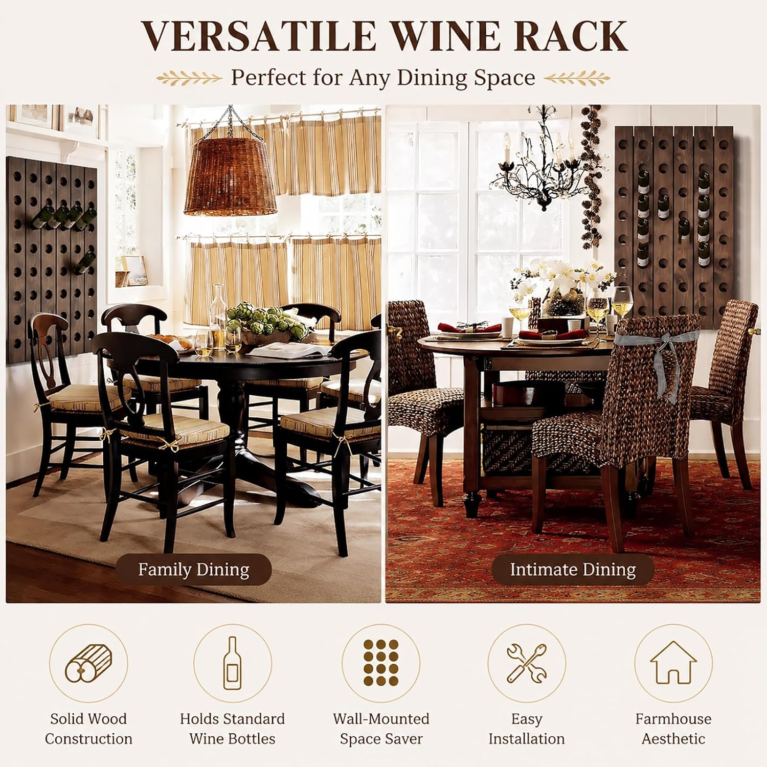 Wall Mounted Wine Riddling Rack,Wall Mounted Wine Rack Solid Wood Storage Organizer Vertical Display Stand for Kitchen Dining Room Bar Rustic Home Decor Space Saving Design(2 * 8, Brown)