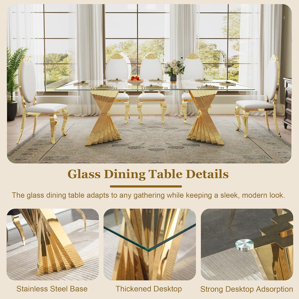 Luxury 94" Glass Dining Table for 8-10 People, Modern Rectangle Tempered Glass Top & Gold Stainless Steel Base, for Dining Room or Kitchen