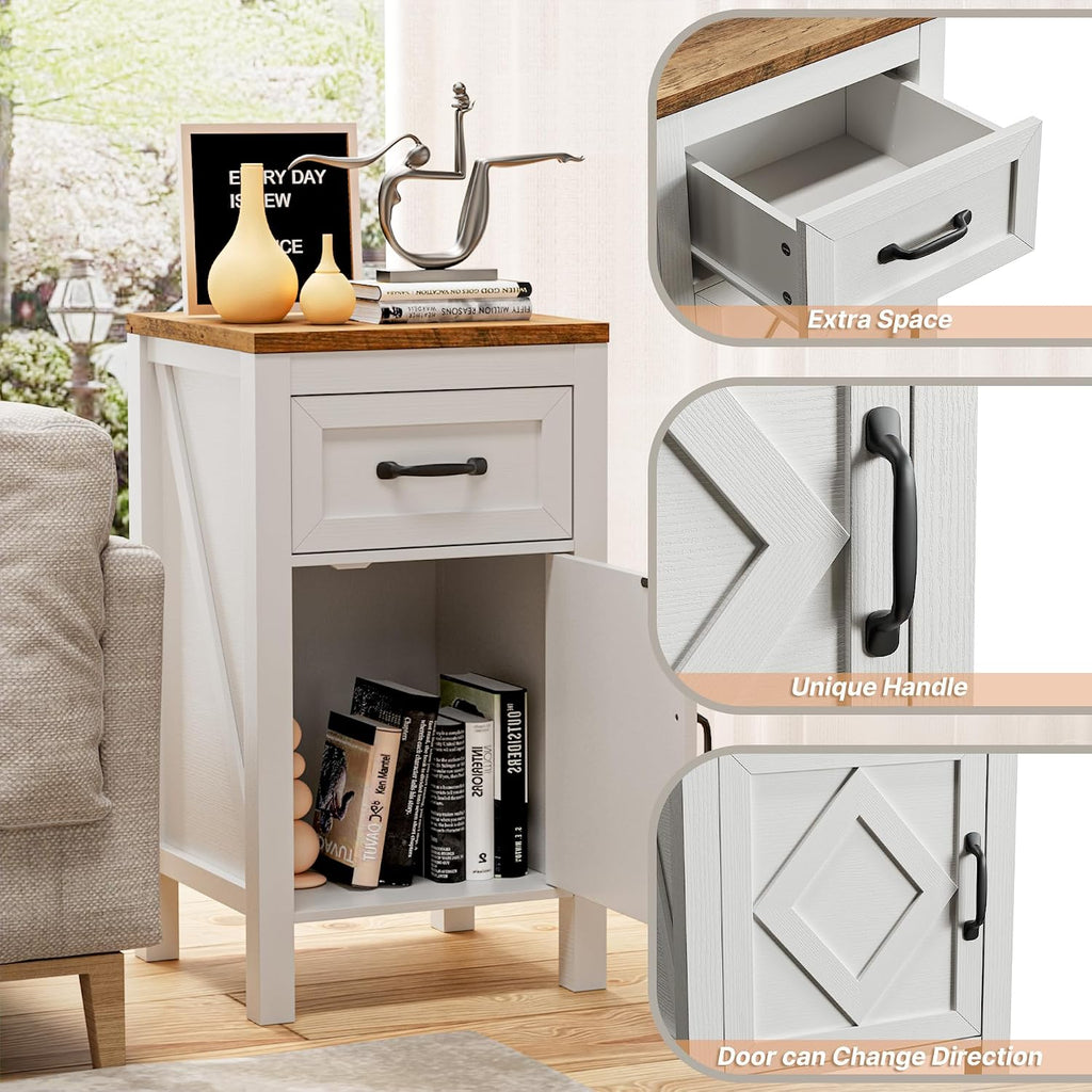 BVIUNTWO Set of 2 End Table, Modern Farmhouse Sofa Table Rustic Nightstand with Storage Cabinets and Drawers, Side Tables for Living Room, Bedroom, White