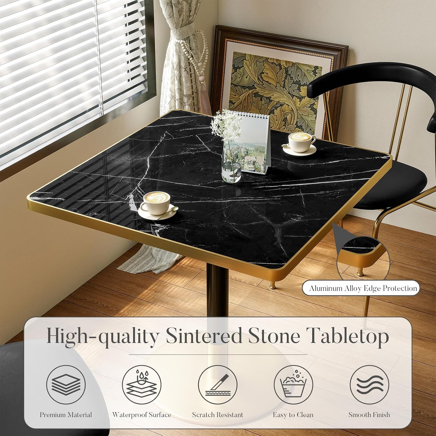 31.5'' Tulip Table, Square Dining Table with Sintered Stone Tabletop | Gold Edge & Pedestal, Bistro Table for 2-4 Person for Dining Room/Café/Small Spaces/Restaurant (Black Marble Vein)