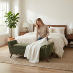 60'' Modern Upholstered Storage Ottoman Bench with Mid-Century Wood Legs, Entryway Bench with Hidden Storage for Living Room, Bedroom, and End of Bed, Comfort Padded Seat (B-Green)