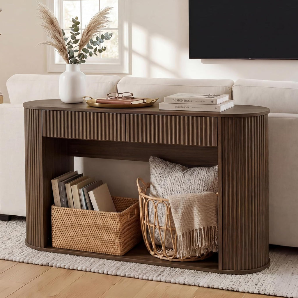 CHITA 47-Inch Fluted Console Table with 2 Drawers，Farmhouse Entryway Table for Behind Couch for Living Room, Hallway, Foyer, Entrance,Walnut