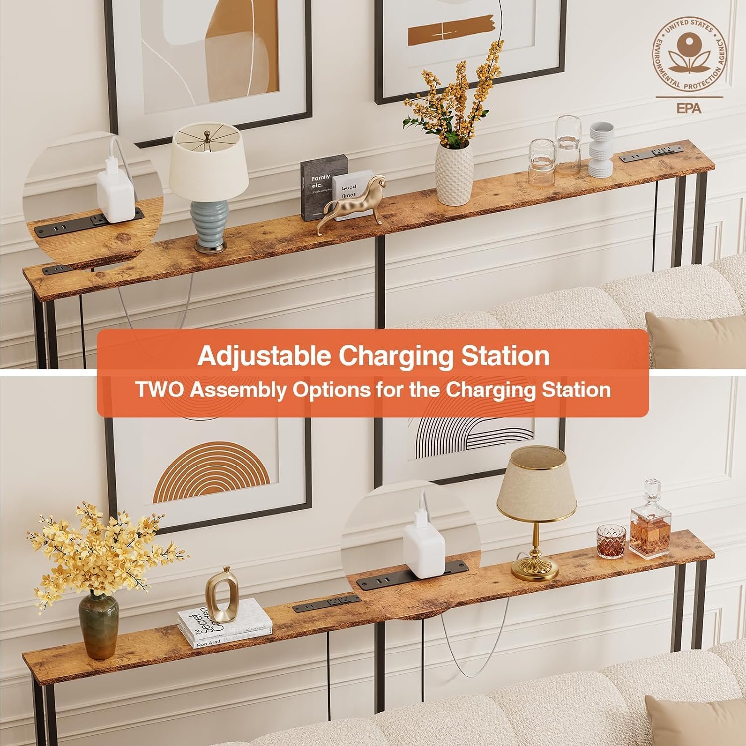 Keelian 90" Narrow Sofa Table - 2 Power Outlets & 4 USB Ports | Metal Frame, Perfect for Hallway, Office, and Behind Couch Table - Easy Assembly, 4.9" Extension Cord Included