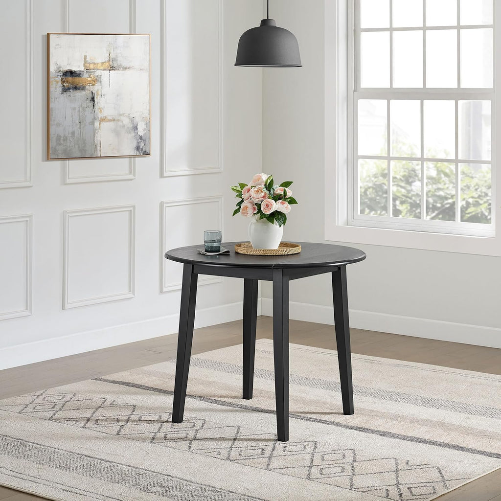 ROME + OAK Hinged Drop Leaf Dining Table, 22-36 Inch Round Tabletop with Sturdy Base, Black - Modern Solid Wooden Furniture Piece for Home