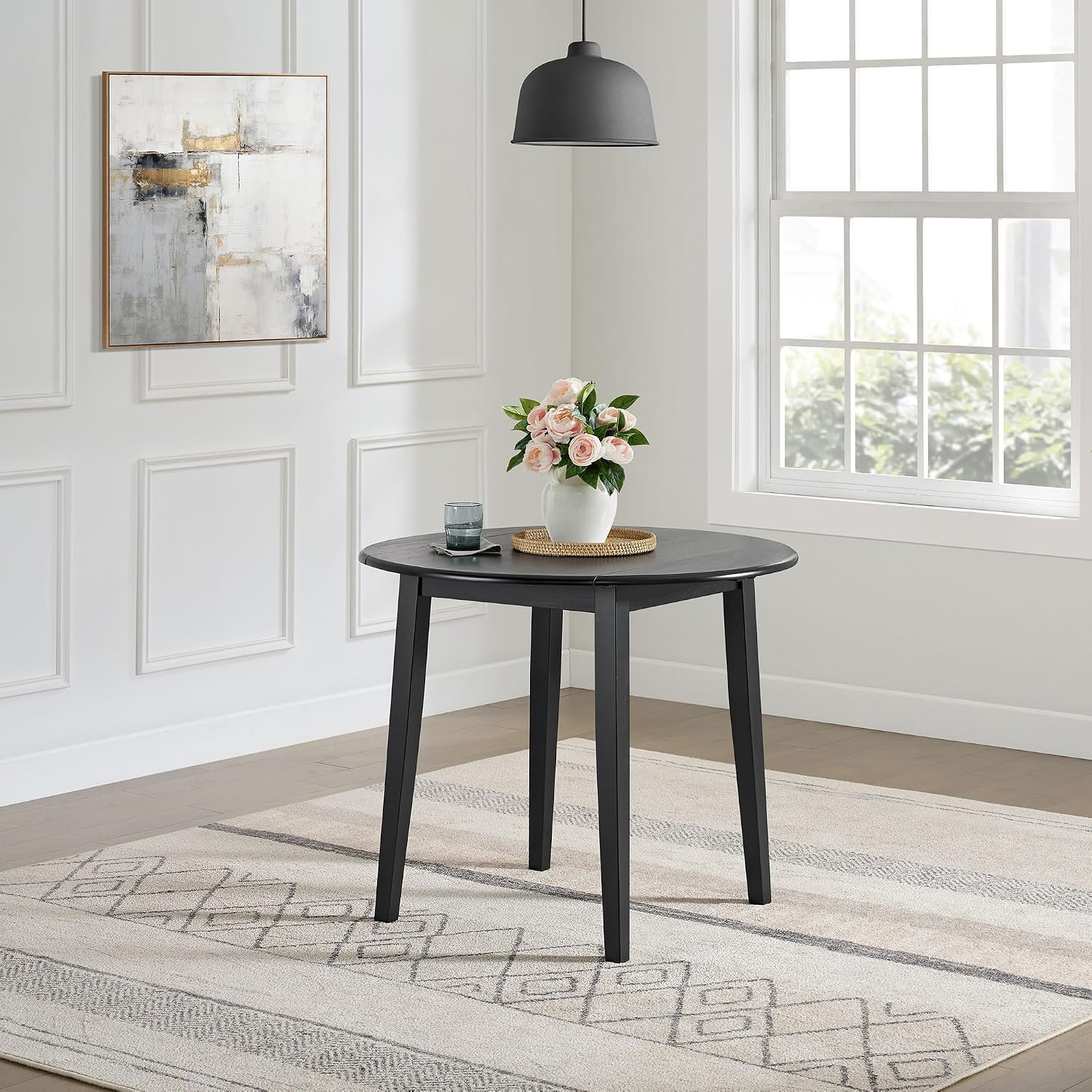 ROME + OAK Hinged Drop Leaf Dining Table, 22-36 Inch Round Tabletop with Sturdy Base, Black - Modern Solid Wooden Furniture Piece for Home