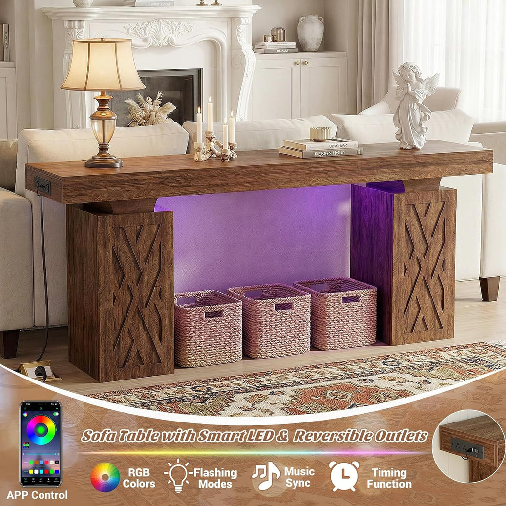 iSunirm 63 Long Thick Entryway Table with Hollow Carved Storage Legs, 400+ lbs Load Console Table with Reversible Outlets & RGB Light, Space-Saving Wood Sofa Table for Hallway Foyer, Cracked Oak