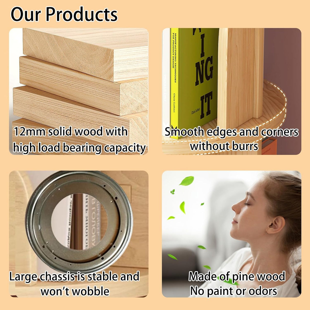 2 Tier Wood Bookshelf Office End Table,Nightstand with Storage Shelf,Rotating Side Table,Circle Nightstands for Bedroom,Modern Sofa Bedside Tables for Living Room,Easy Assembly.