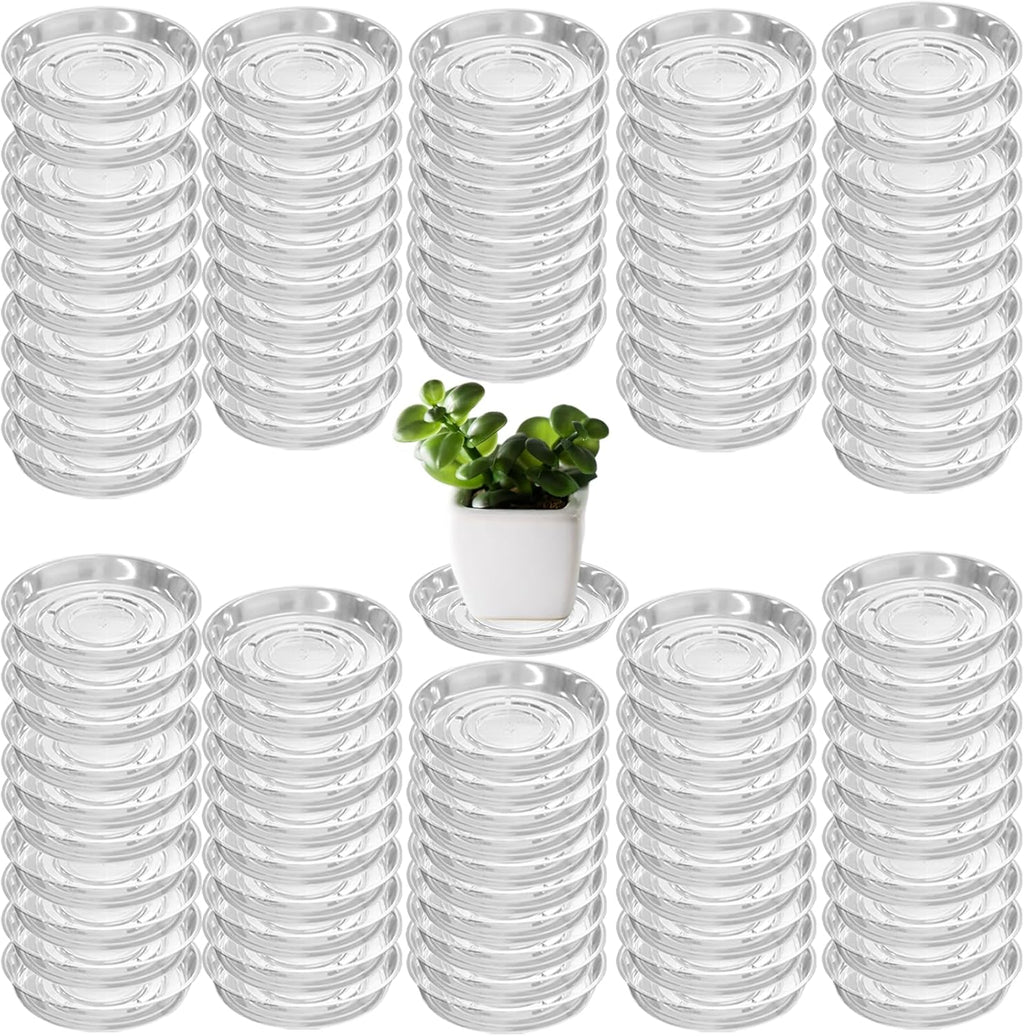 100 Packs 4" Small Clear Plant Saucers for Indoor Outdoor Use Heavy Duty Plastic Plant Trays for Planter Bulk Flower Pot Drip Trays to Catch Water, 4 to 20 Inch