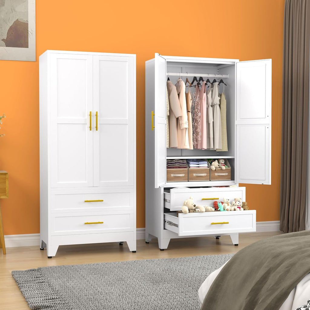 erosoei Metal Armoire Wardrobe Closet, 71 "Metal Clothing Storage Cabinet | with Adjustable Shelves and Hanging Rod, Household Steel Wardrobe Storage Cabinet with Drawers (armoire-white)