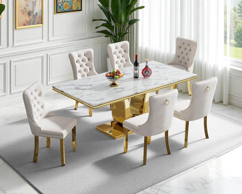 7-Piece Dining Table Set with 6 Beige Upholstered Chairs, 68" White Gold Faux Marble Kitchen Table Set for 6, U-Shape Pedestal Dining Room Table Set for 6, Modern Dining Table Set for 6