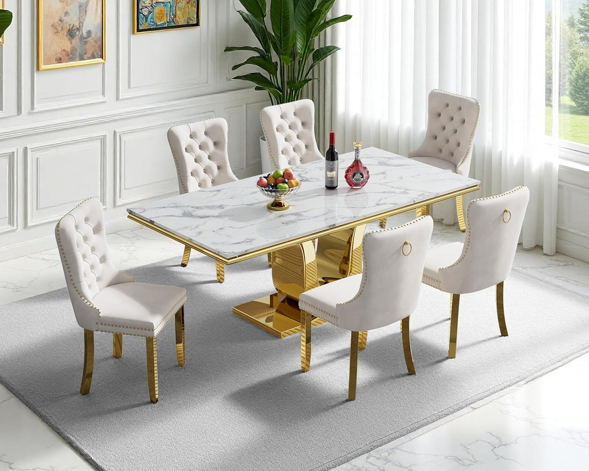 7-Piece Dining Table Set with 6 Beige Upholstered Chairs, 68" White Gold Faux Marble Kitchen Table Set for 6, U-Shape Pedestal Dining Room Table Set for 6, Modern Dining Table Set for 6