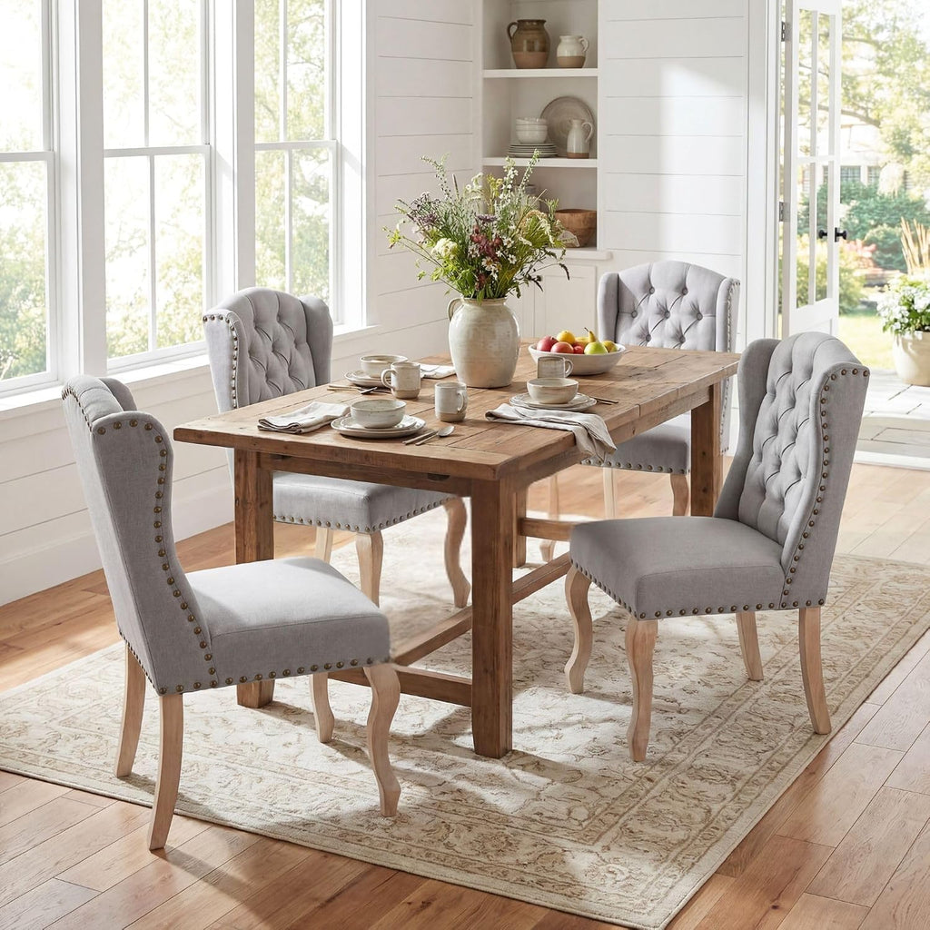 Parsons Dining Chairs Set of 2, Farmhouse High Back Chairs | Tufted Linen Upholstery, Solid Wood Legs, High Back for Kitchen & Dining Room,Grey