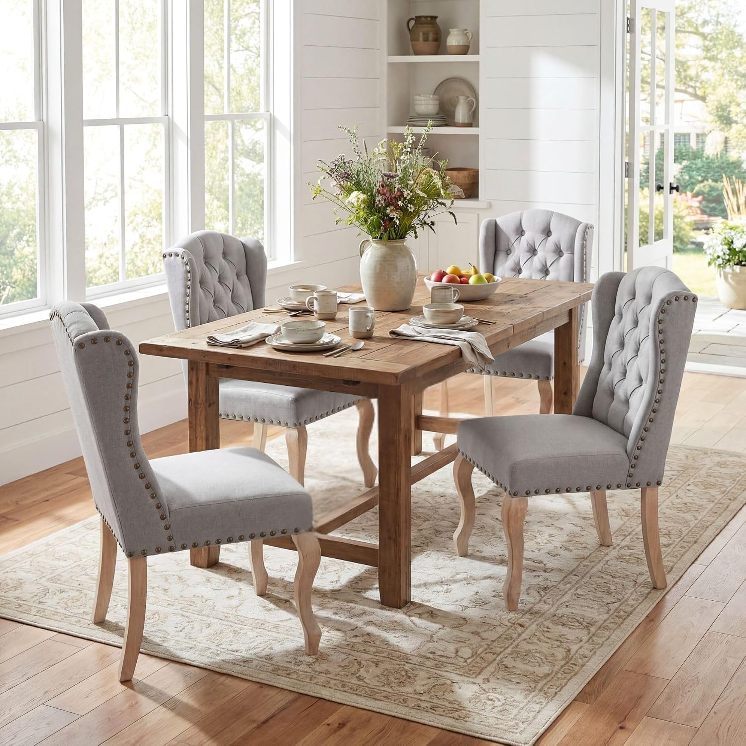 Parsons Dining Chairs Set of 2, Farmhouse High Back Chairs | Tufted Linen Upholstery, Solid Wood Legs, High Back for Kitchen & Dining Room,Grey