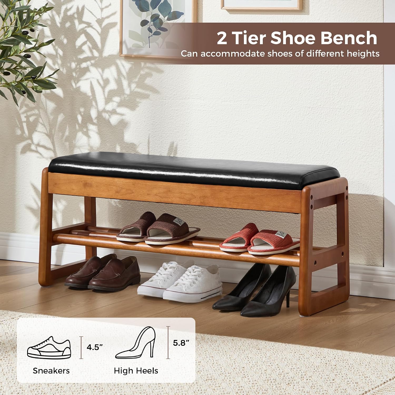39.3" Shoe Rack Bench,2 Tiers Shoe Bench with Storage,Walnut Storage Bench with Faux Leather Cushion for Entrance Entryway Hallway Walnut PU Black