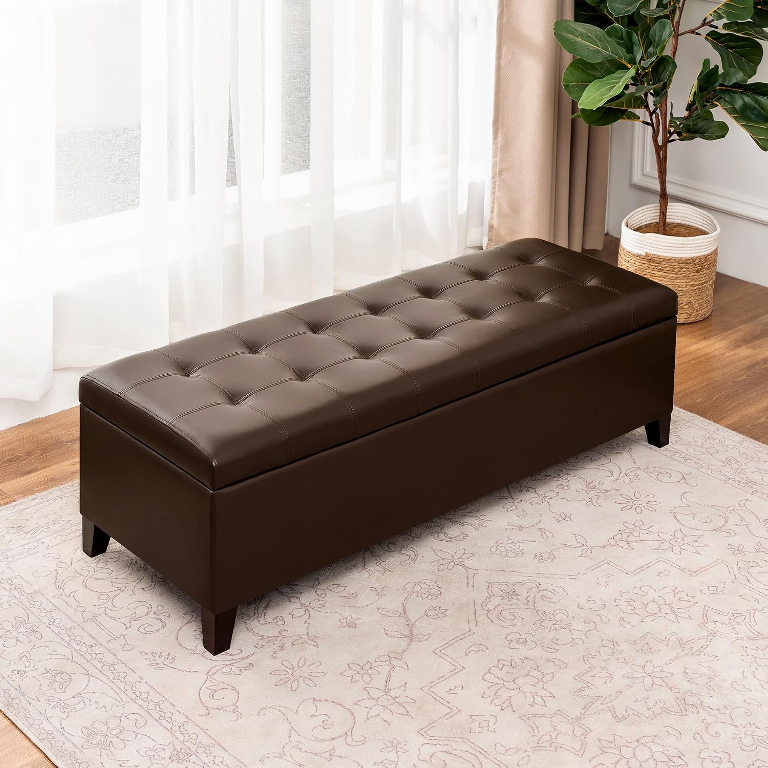 Joveco 51 Inch Storage Bench,Leather Tufted Storage Ottoman with Legs | Safety Hinges,Wooden Legs,Upholstered,End of Bed,Bedroom,Living Room,Entryway,330LBS,Brown